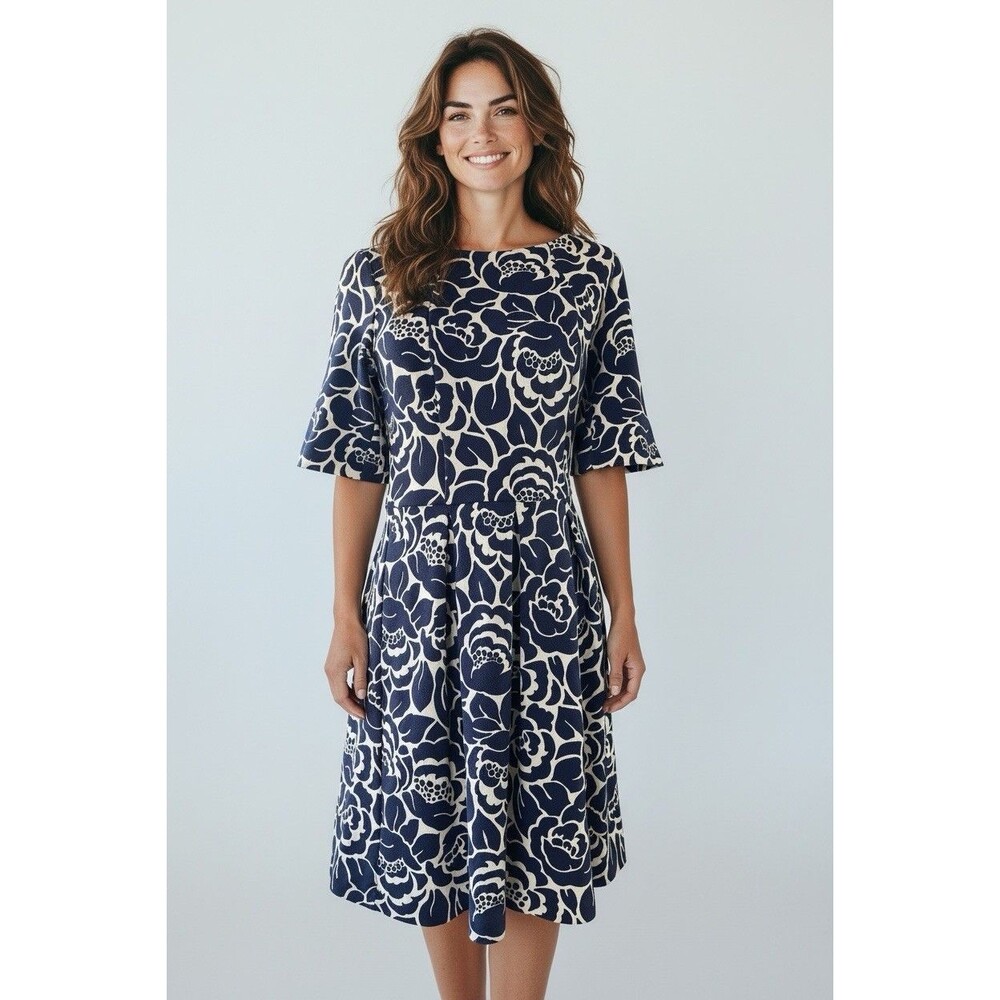 Boden NWT womens Fit & Flare navy white 1/2 flare sleeve dress 8R